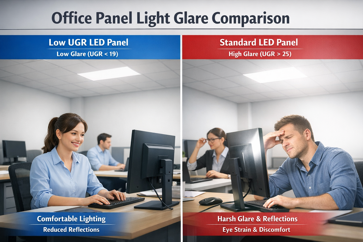 Comparison of office lighting with glare and balanced LED panel lighting with even illumination